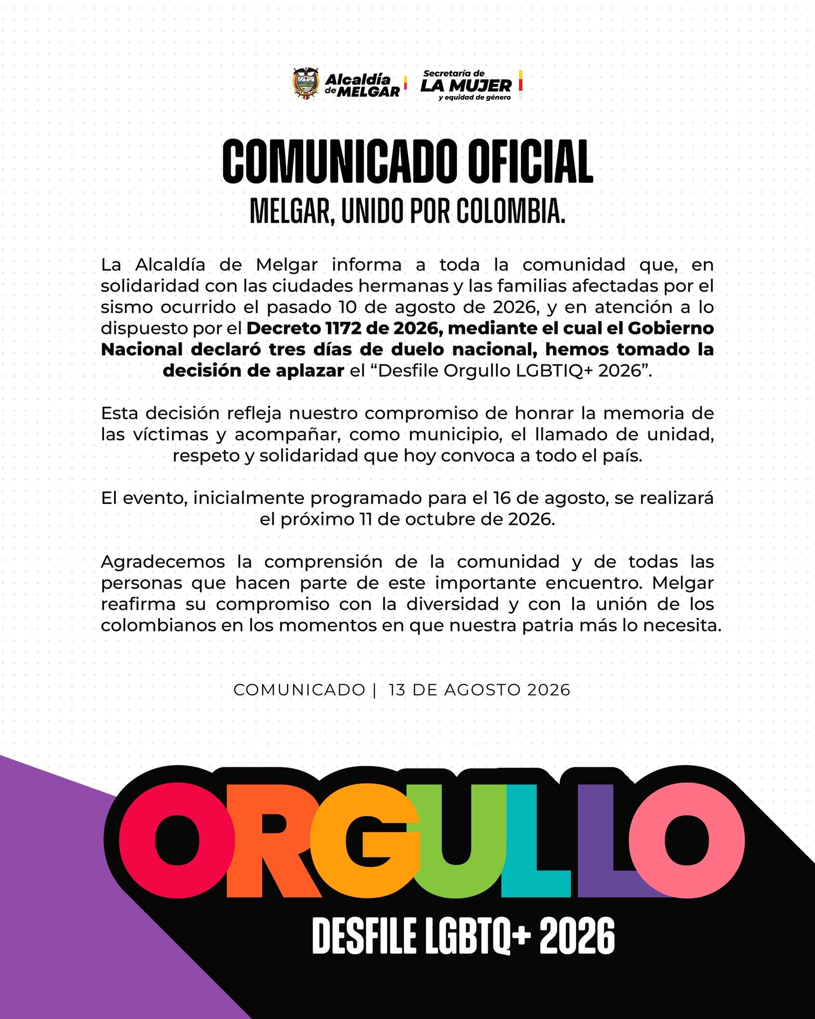 4� Desfile Orgullo LGBTIQ+ Melgar 2026